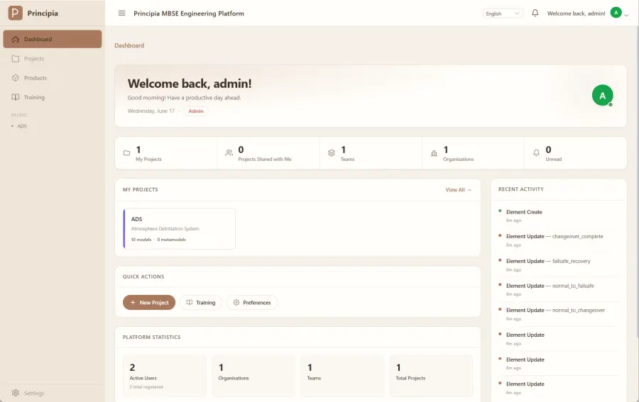 Principia dashboard listing projects, teams and recent activity