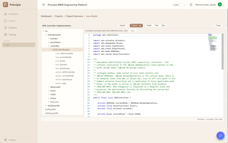 Java implementation view with build and test output