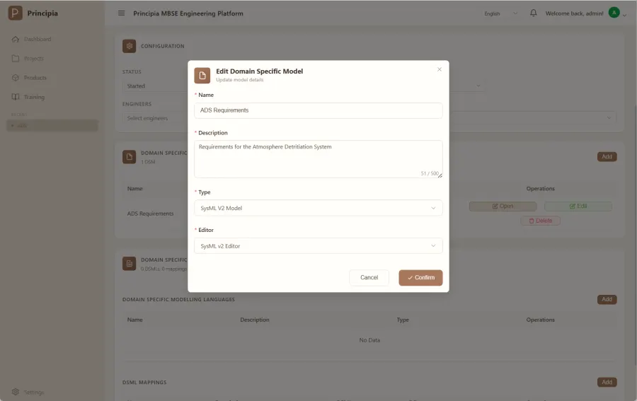 Dialog for creating a model, offering a choice of modelling language