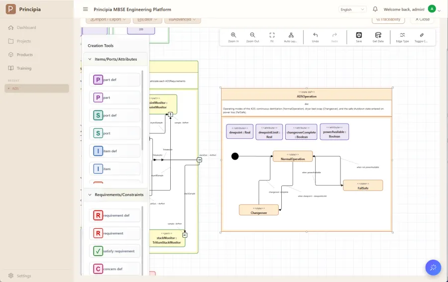 SysML v2 state machine editor with states and transitions