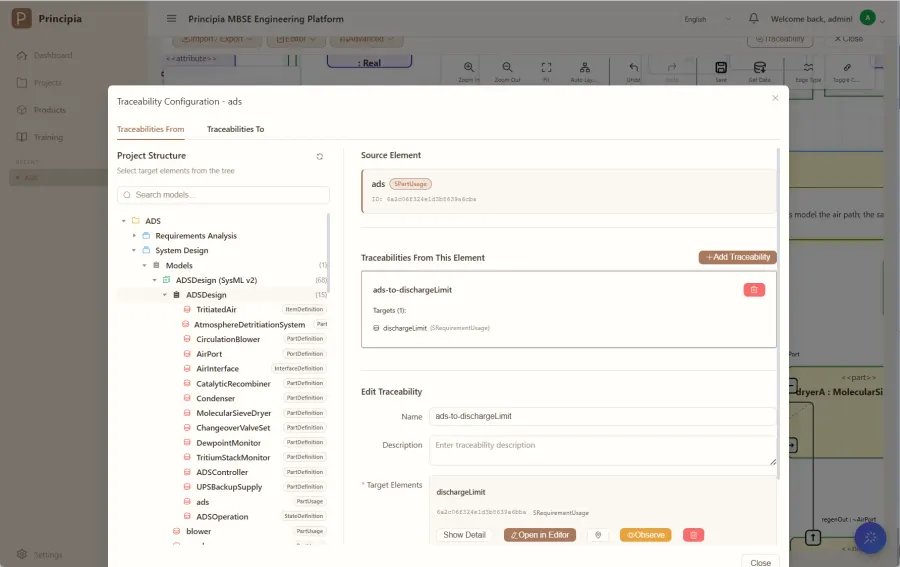 Traceability panel showing the project model tree
